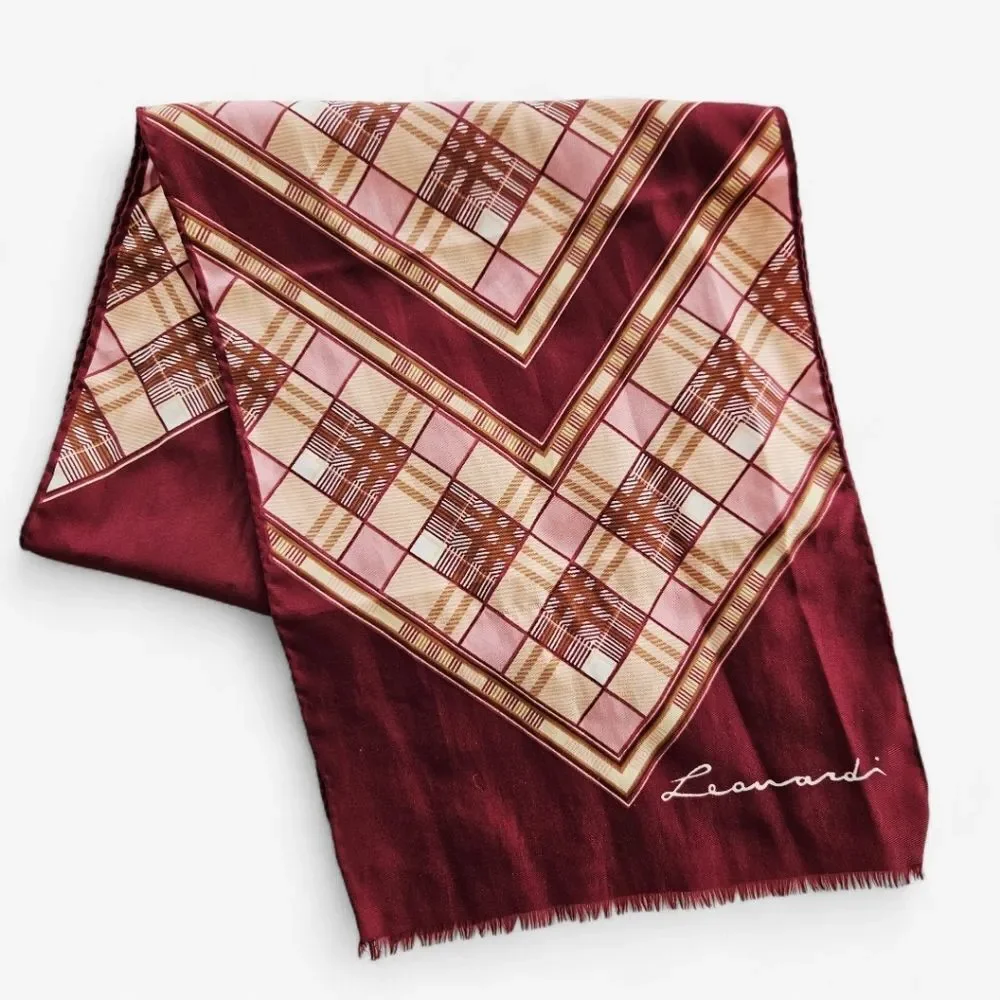 Vintage Leonardi Signed 100% Silk Burgundy Geometric Pattern Rectangular Scarf